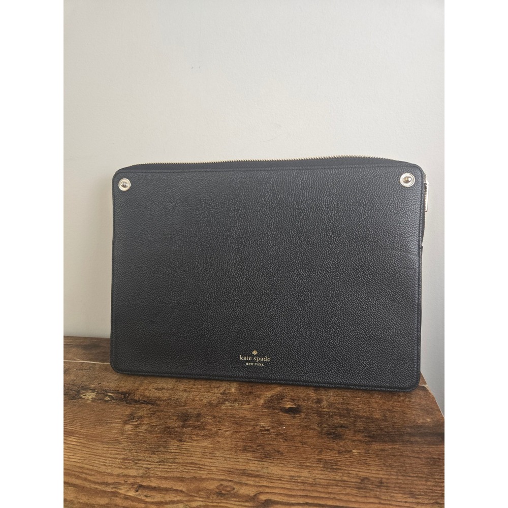 Kate Spade Laptop Sleeve Tech Clutch Black Pebbled Leather Gold Logo L-Zip Large